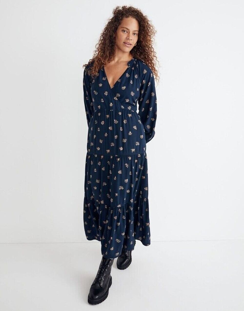Madewell Challis Midi Dress Women's Small Navy Floral V-Neck Ruffle Flowy B95